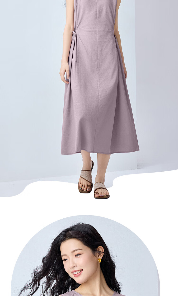 Giordano Sleeveless Dress for Women, Summer New Style Cotton Linen Tie-Waist Round Neck Dress 13465305 13