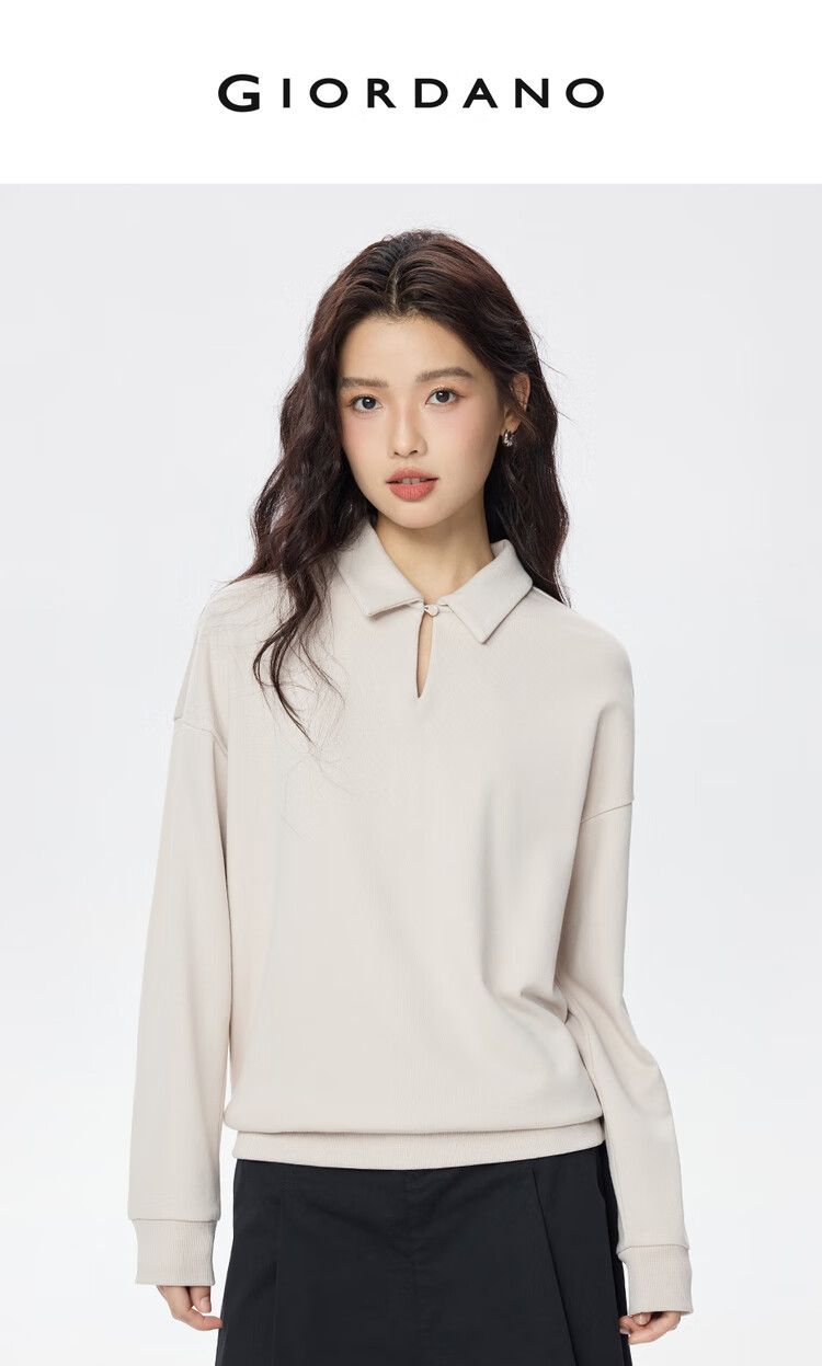 Giordano Women's Autumn Winter Solid Color Simple Lapel V-Neck Reversible Loose Pullover Sweatshirt 05325808 3