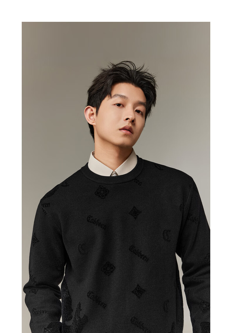 CABBEEN Men's Long Sleeve Sweater Logo Combined with Vintage Pattern 2025 Winter Knitwear 11