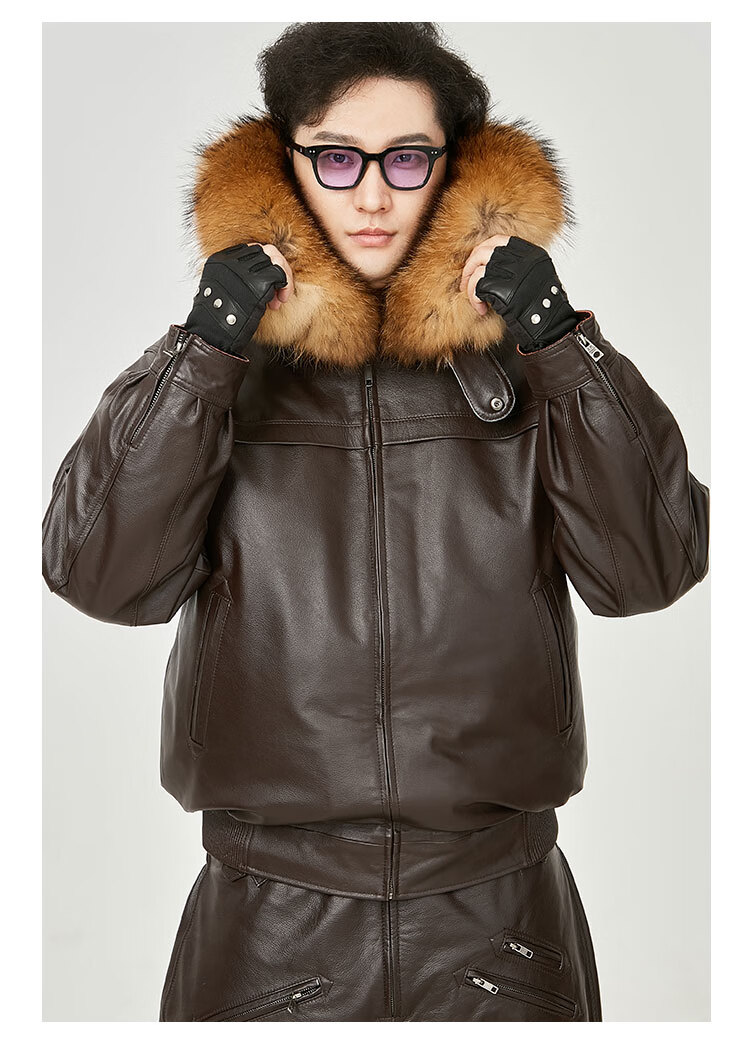 头层鹿皮皮衣皮裤套装男加绒加厚皮毛一体飞行员皮夹克空军机车服 深