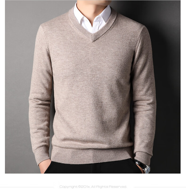 ROMON 100% Pure Wool Men's Thick Heavy 430G Warm V-Neck Casual Knit Sweater for Autumn and Winter 14