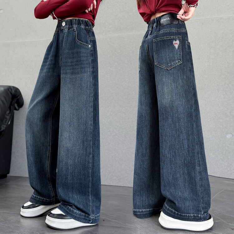 Straight-leg girls' jeans 2026 new style for kids, big kids, girls, junior high school students, spring and autumn wide-leg trousers, blue, 160 cm thumbnail 4