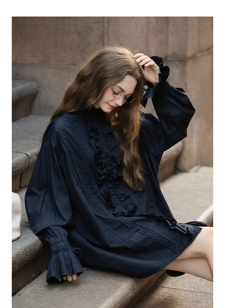 TonLion (TonLion) [Guan Xiaotong Same Style] 2025 Autumn Winter Women's Ruffled Long Sleeve Short Dress Versatile Shirt Dress Trendy 4