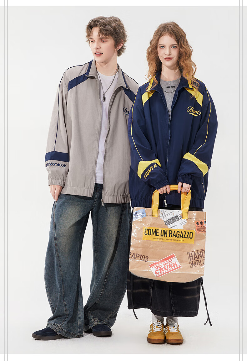 THE SIMPSONS Casual Loose Trendy Embroidered Colorblock Unisex Jacket Coat Gray Regular L 2