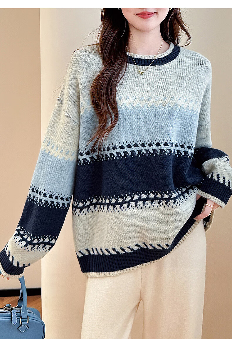 TonLion 2025 Autumn Women's Crew Neck Colorblock Wide Stripe Pullover Sweater Youthful Versatile Korean Casual Fashion 18