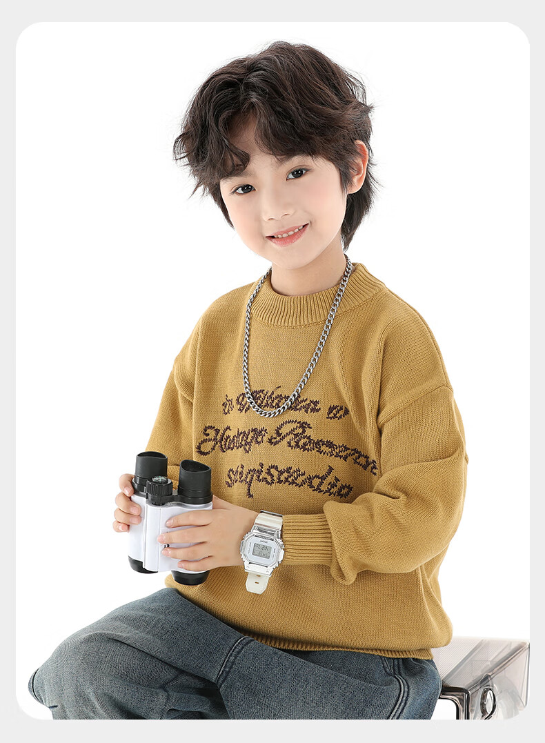 Little Elephant Ham Boys' Knitted Crew Neck Sweater Base Shirt Yellow [100% Cotton Skin-Friendly Non-Itchy] 120 cm 25
