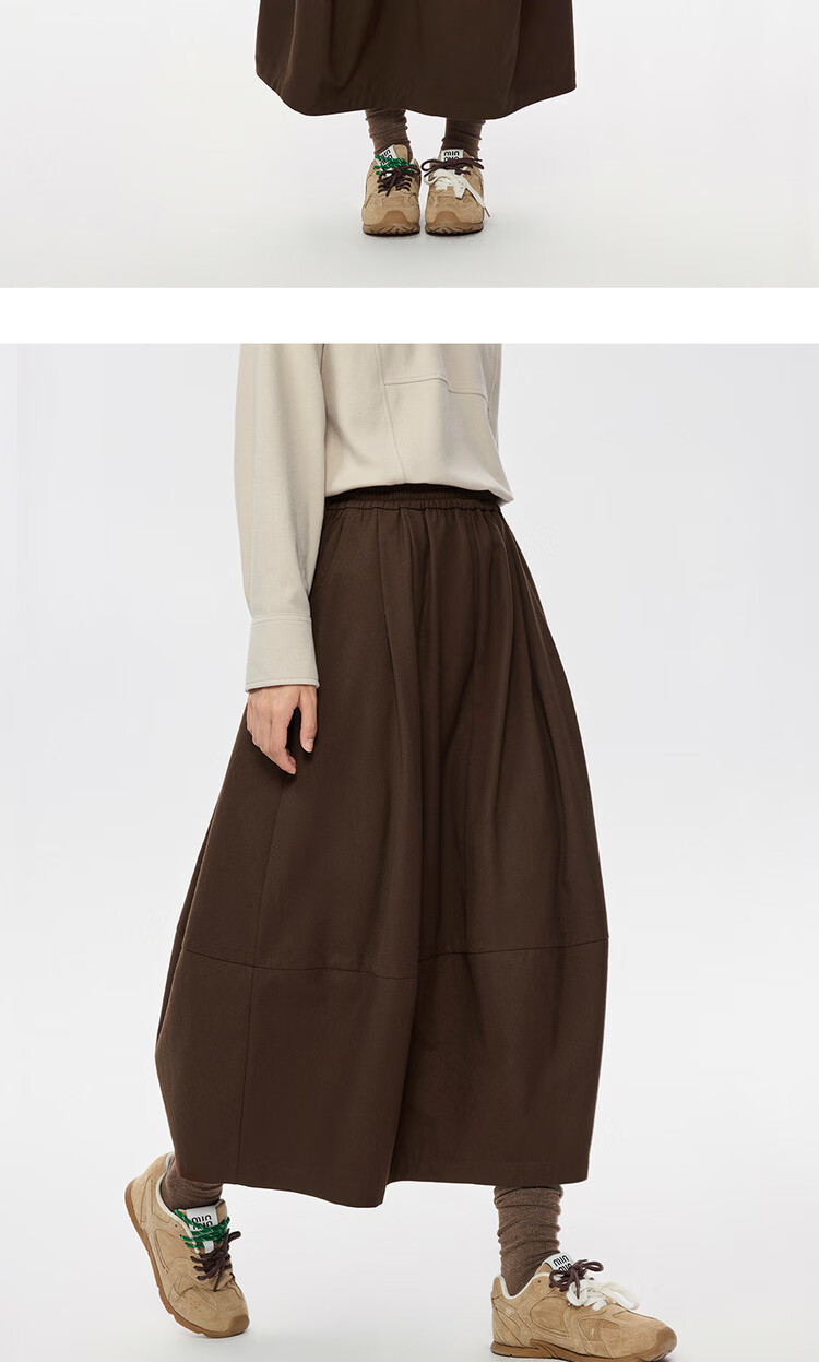Giordano Women's Mid-Length Peplum Skirt Autumn Winter New Brushed Fabric Elastic Waist Relaxed Fit Skirt 13465866 14
