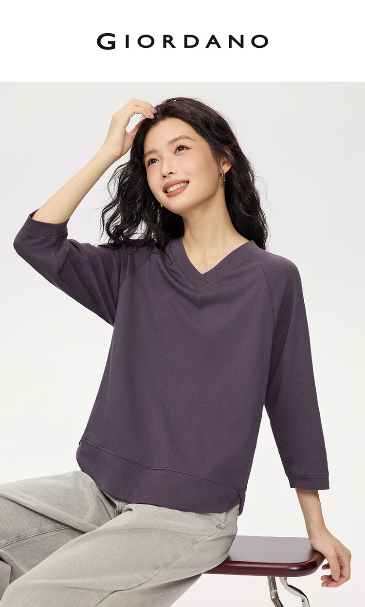 Giordano Women's T-Shirt Autumn New Pure Cotton Solid Color V-Neck Casual Three-Quarter Sleeve Top 05325792 3