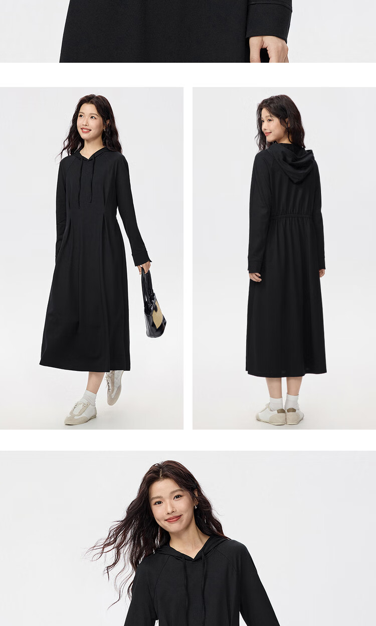 Giordano Women's Long Sleeve Dress New Minimalist Drawstring Hooded Raglan Black Waist Cinched Dress 13465782 12