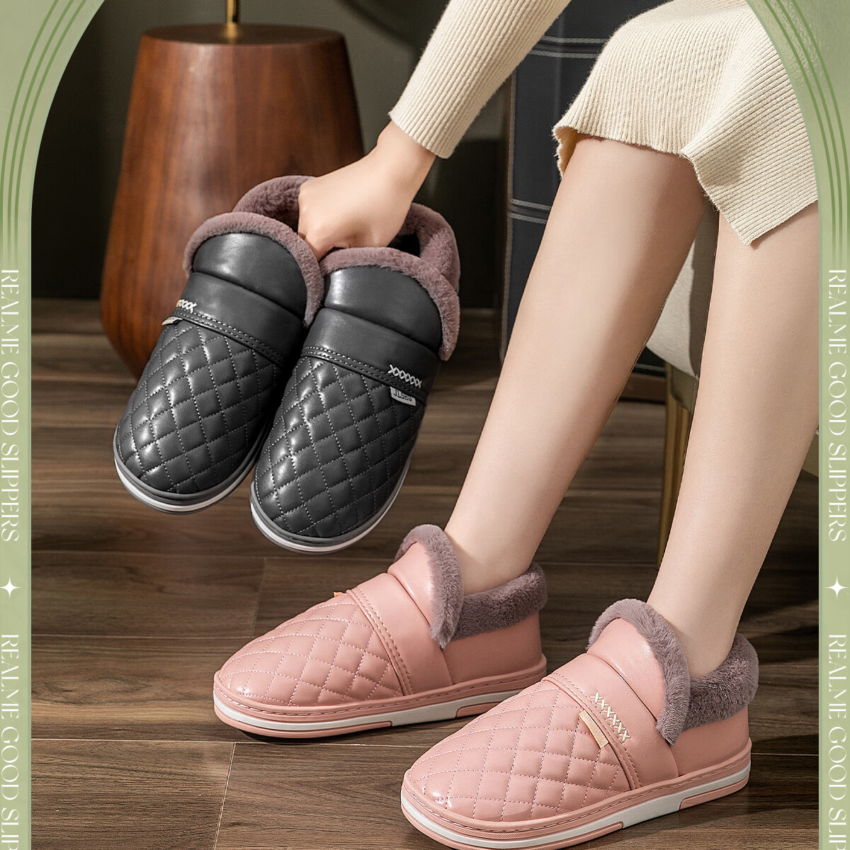 Grace Waterproof Cotton Slippers Women 2025 New Autumn Winter Indoor Home Warm Non-Slip Fully Covered Heel Cotton Shoes Men Winter 2