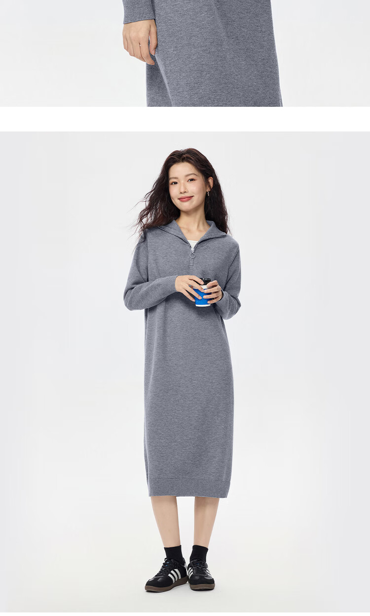 Giordano Women's Autumn Winter New Gray Two-Piece Style Color-Block Navy Collar Dress 05465858 15