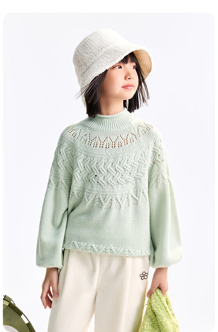 Annil Kids Girls' Crew Neck Long Sleeve Knit Sweater 2025 Winter New Pullover Ice Green 160 5