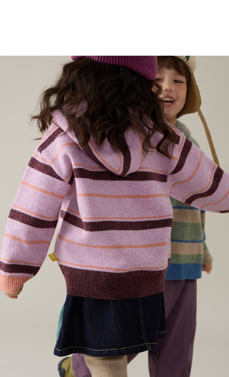 Papapapa Autumn Winter New Children's Sweater Boys and Girls Stylish Striped Hooded Loose Knit Pullover Pink Size 90 10