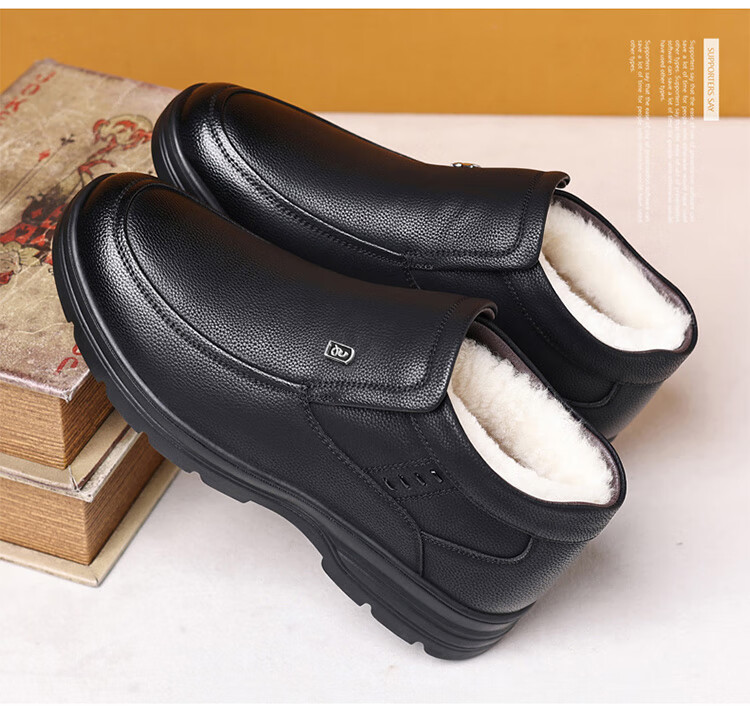 Hengyuanxiang Men's Martin Boots Slip-On Autumn Winter Snow Boots First Layer Cowhide New Cotton Shoes J667 Black 39 6