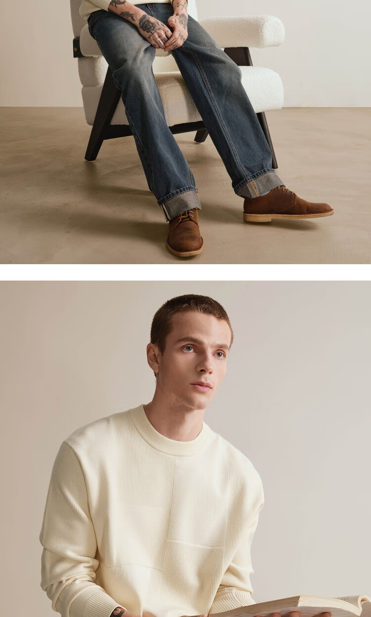 Giordano Designer Men's Knitwear Autumn Winter New Patchwork Textured Crew Neck Blended Wool Sweater 18055805 19