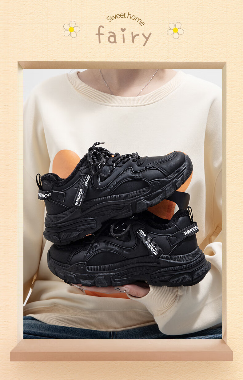 Warrior Official Women's Dad Sneakers 2026 Summer New Plush Warm Versatile Cotton Shoes Black Size 40 14