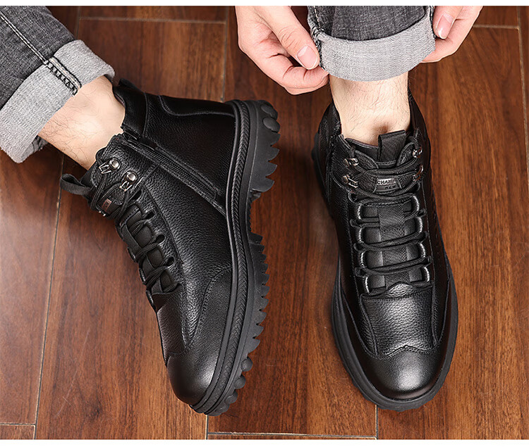 Hengyuanxiang Men's First Layer Cowhide Leather Winter Fleece-lined Martin Boots New Snow Boots Cotton Shoes J6388 Black Size 43 5