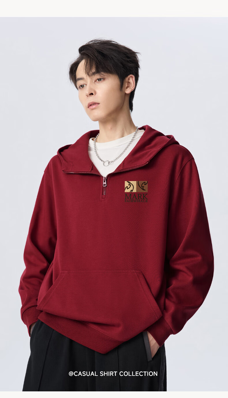 Mark Fairwhale Men's Hoodie Autumn Winter 2025 New Half-Zip American Style Loose Casual Pullover Wine Red XL 10
