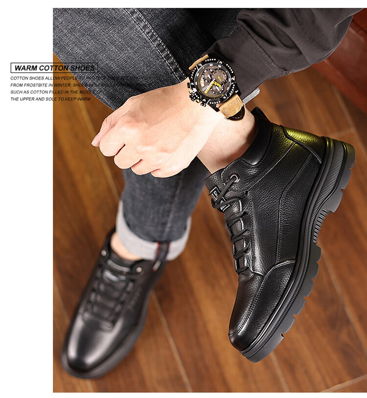 Hengyuanxiang Men's First Layer Cowhide Lace-up Martin Boots with Fleece Lining Autumn Winter Cotton Shoes J63803 Black 43 2