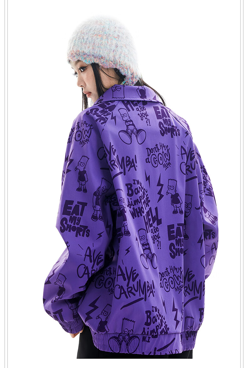 THE SIMPSONS Casual Loose Printed Polo Collar Trendy Unisex Jacket Purple Regular 2XL 6