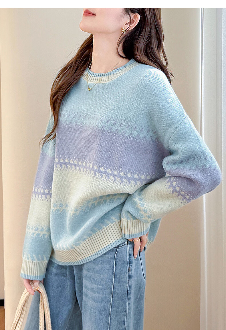 TonLion 2025 Autumn Women's Crew Neck Colorblock Wide Stripe Pullover Sweater Youthful Versatile Korean Casual Fashion 22