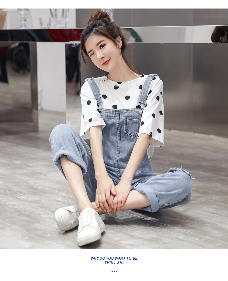 时尚少女装学生女生青少女初中生2019新款夏季韩版破洞牛仔背带裤女