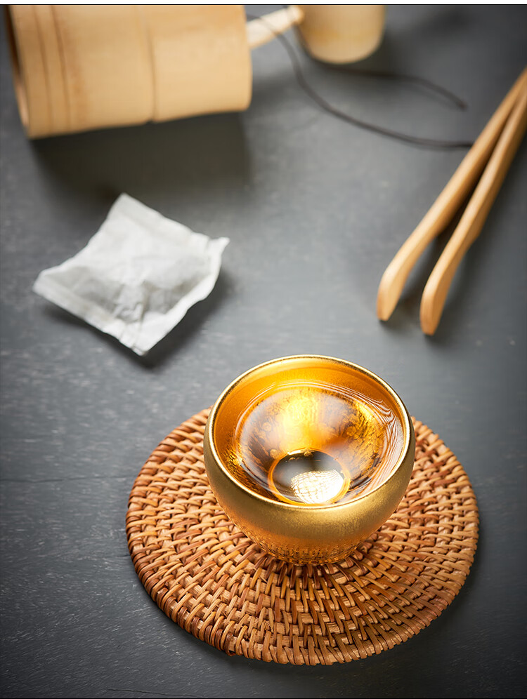 功夫茶杯单个男金盏茶杯鎏金茶杯24k纯金杯子建盏茶杯主人杯全手工