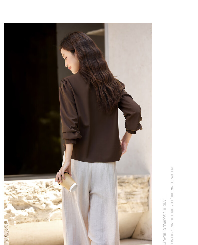 Vimly Vintage Scarf Tie Round Neck Linen Blend Shirt Women Spring New Dark Roast Brown M 5