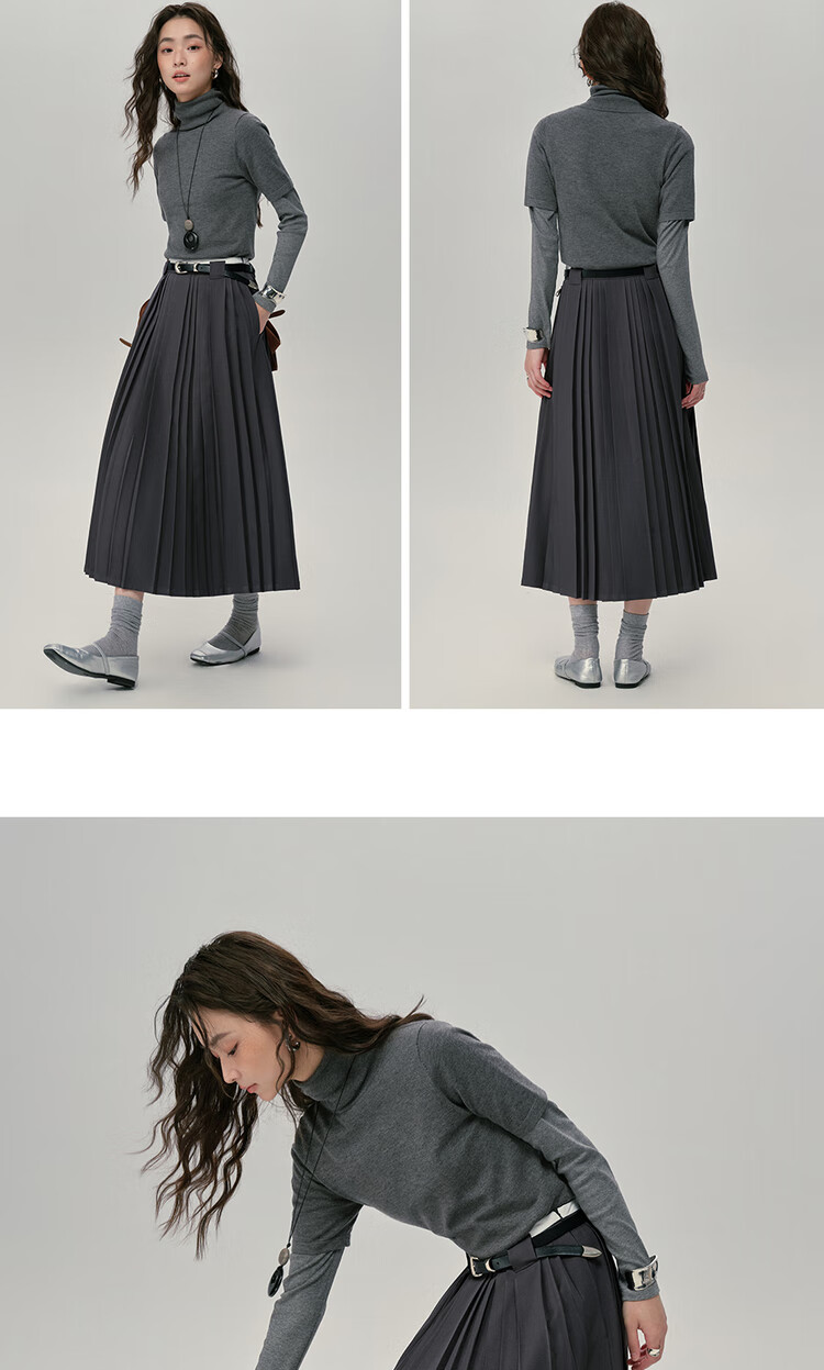 Giordano [Lu Zhengyi Star Edition] Women's New Colorblock Waist A-Line Skirt Gray Pleated Skirt 18465824 14