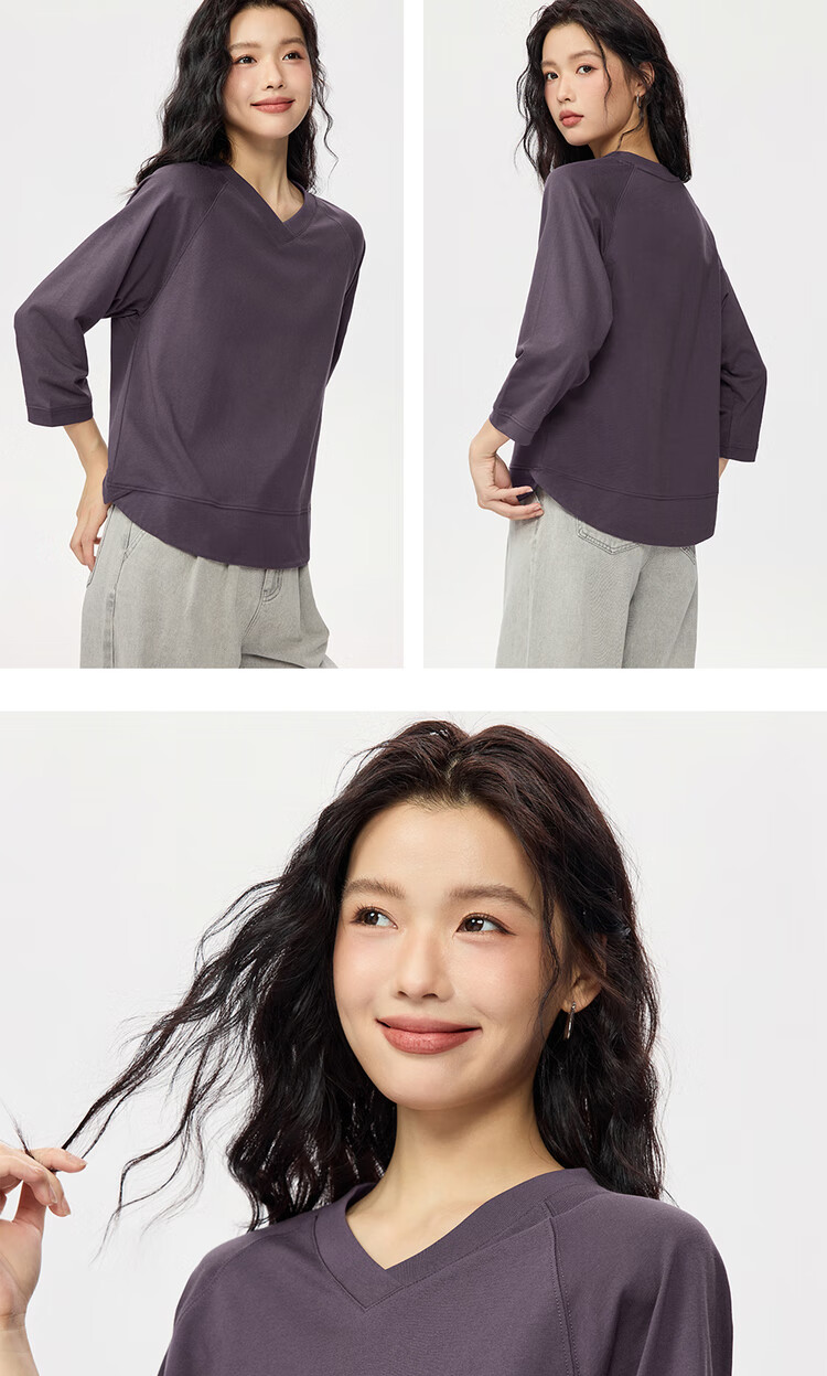 Giordano Women's T-Shirt Autumn New Pure Cotton Solid Color V-Neck Casual Three-Quarter Sleeve Top 05325792 12