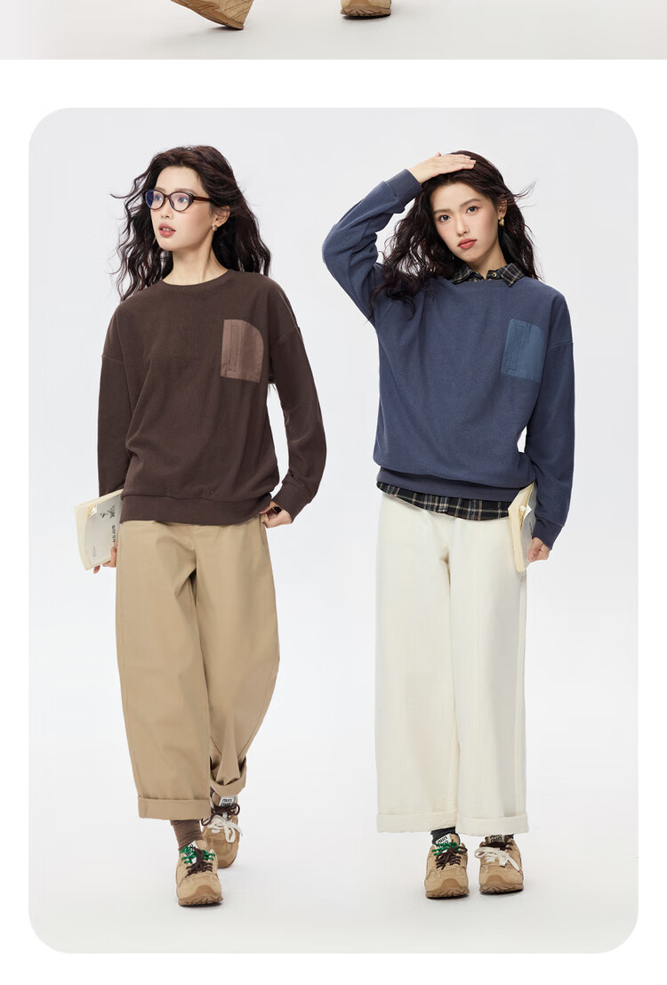 Giordano Women's Fleece Pullover Sweatshirt Autumn Winter New Patchwork Fake Pocket Crew Neck Fleece Top 05325816 7