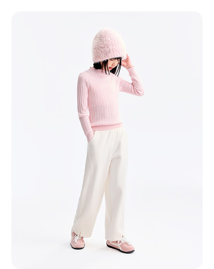 Annil Kids Girls' Mid-Neck Long Sleeve Knit Sweater 2025 Winter New Slim Fit Base Shirt Energetic Pink Size 150 8