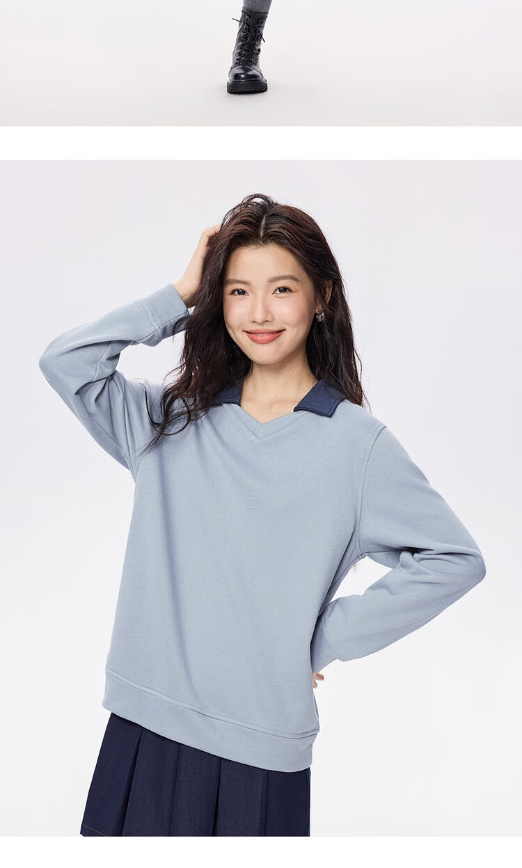 Giordano Women's Autumn Winter New Mist Color Fashion Contrast V-Neck Pullover Sweatshirt 05325807 11