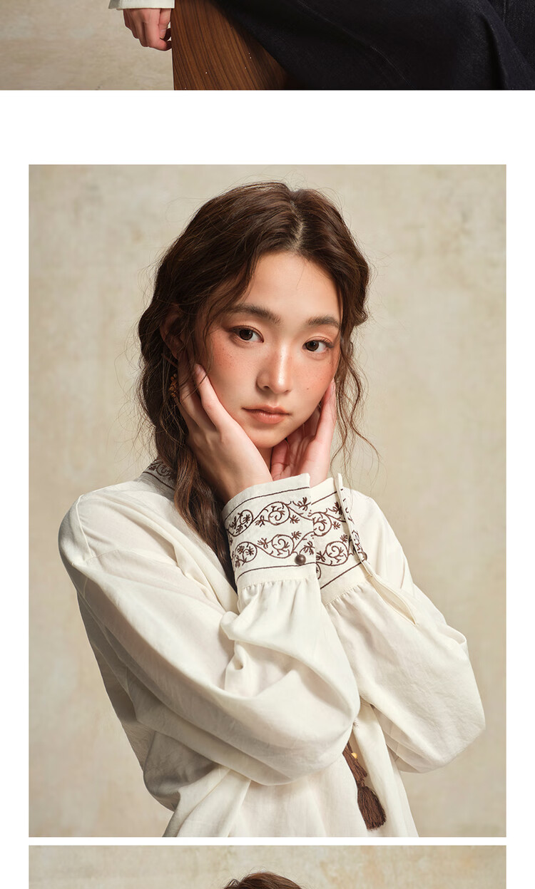 Giordano Designer Women's New Chinese Style Embroidered Tie-Up Stand Collar Loose Long Sleeve Shirt 18345828 9