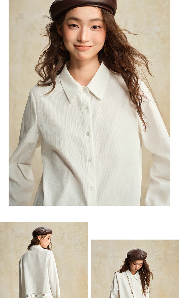 Giordano Designer Women's White Shirt New Pure Cotton Lace Patchwork Loose Long Sleeve Blouse 18345616 10