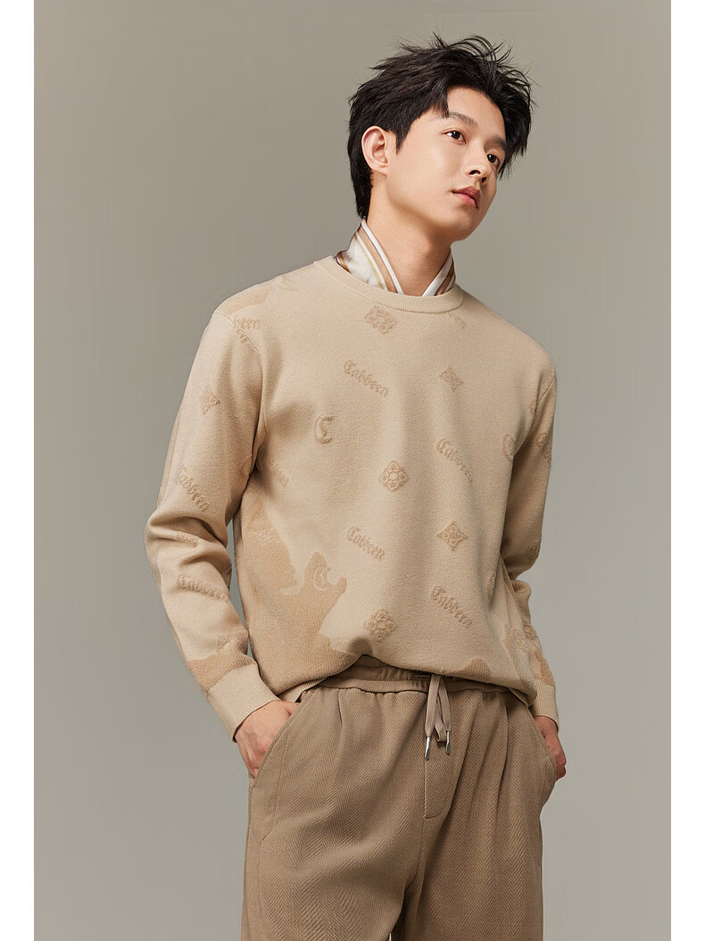 CABBEEN Men's Long Sleeve Sweater Logo Combined with Vintage Pattern 2025 Winter Knitwear 2
