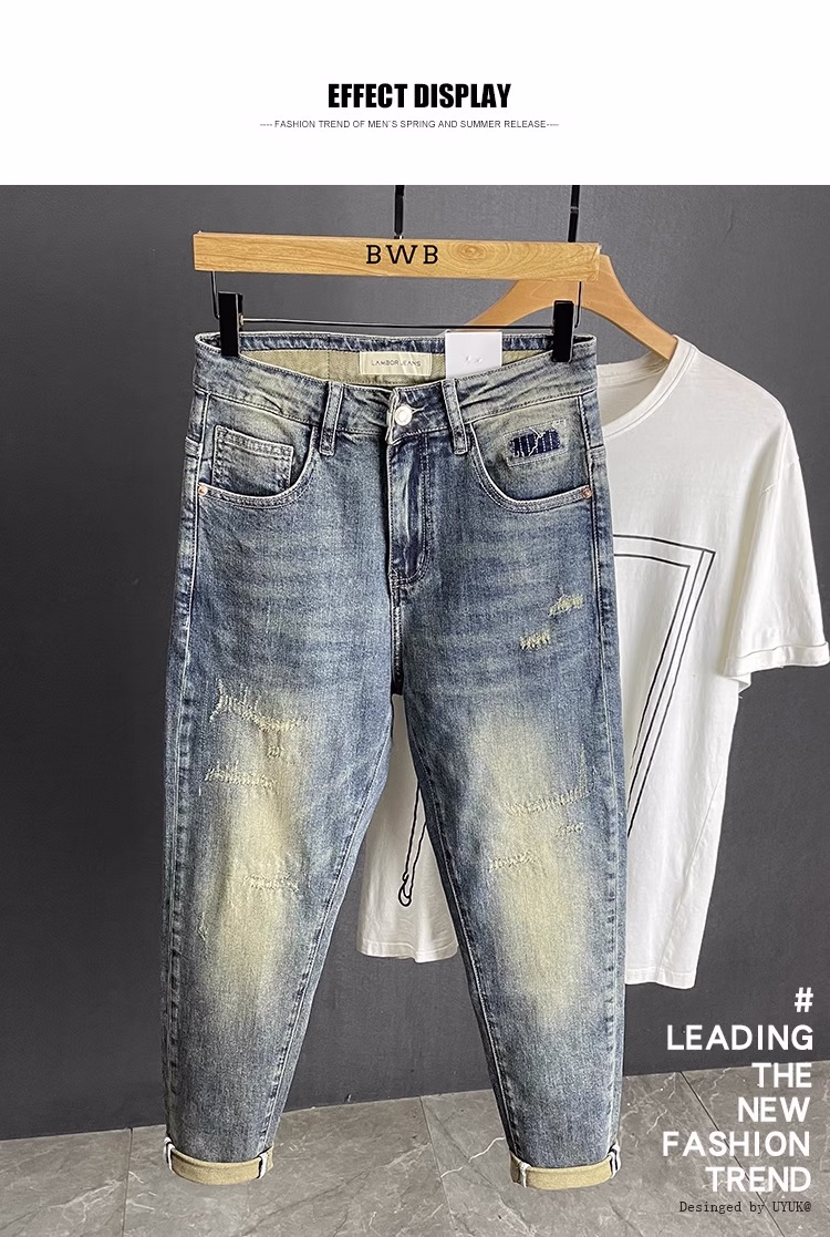 Embroidered Jeans Men's Autumn Loose Straight Nine-Point Pants American Retro Premium Casual Elastic Pants, Blue 33_mkmklike.com
