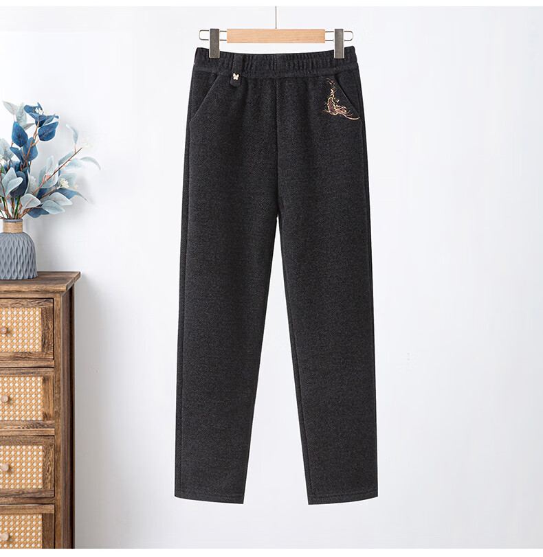 Hengyuanxiang Middle-aged Mom Winter New Thickened Fleece Lined Loose Straight Casual Pants Grandma Style Elastic High Waist Trousers 5