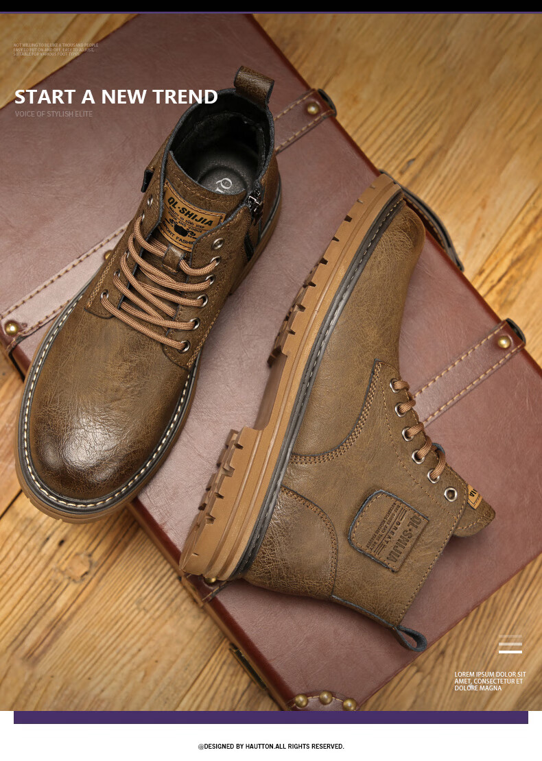 Qunlang Shijia Genuine Leather Martin Boots Men Winter Thick Sole British Retro Fashion Work Boots Fleece Lined Shoes 2