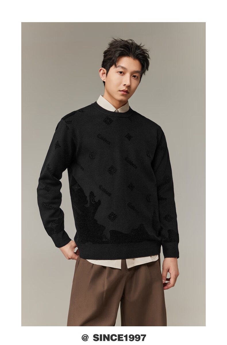 CABBEEN Men's Long Sleeve Sweater Logo Combined with Vintage Pattern 2025 Winter Knitwear 3