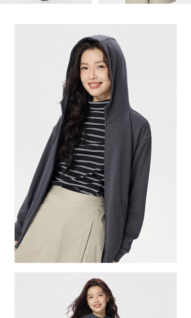 Giordano Women's Autumn Winter New Loose Mid-Length Cleanfit Hooded Zip-Up Sweatshirt 13375185 12