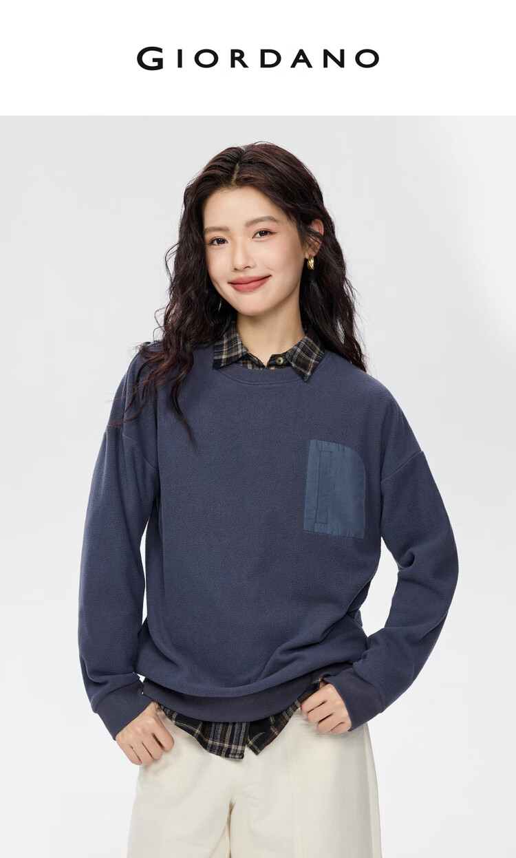 Giordano Women's Fleece Pullover Sweatshirt Autumn Winter New Patchwork Fake Pocket Crew Neck Fleece Top 05325816 3