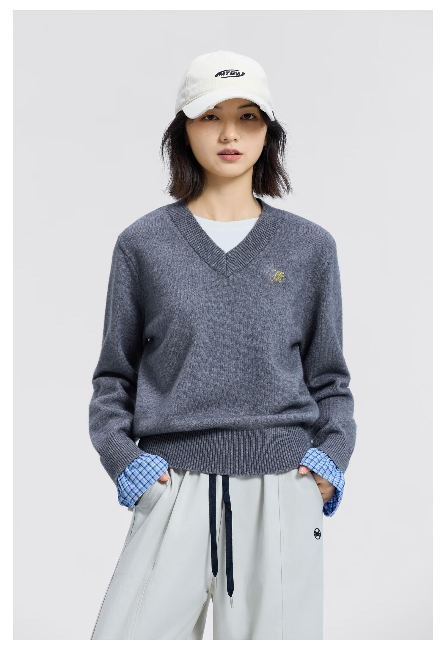 Meters Bonwe Women's Sweater 2025 Winter New Casual Two-Piece Lace Color-Block Plaid Top 3