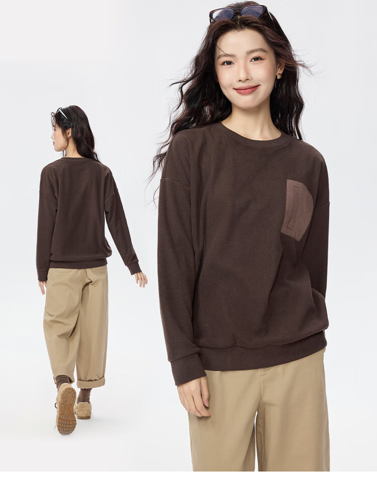 Giordano Women's Fleece Pullover Sweatshirt Autumn Winter New Patchwork Fake Pocket Crew Neck Fleece Top 05325816 16
