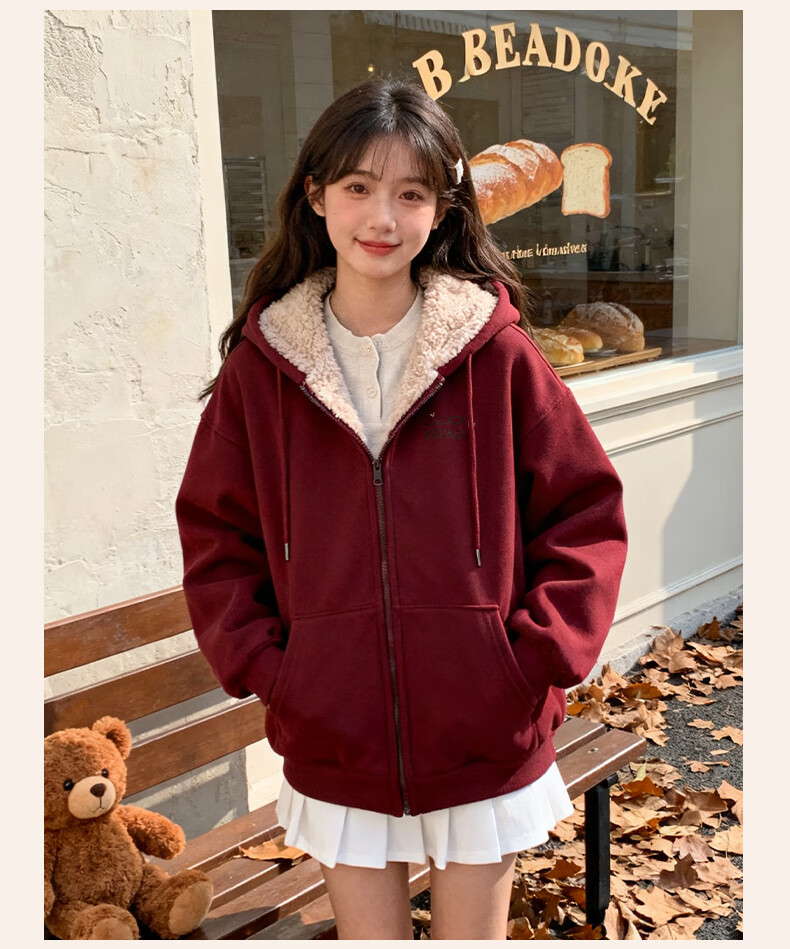 Baleno Thickened Lamb Wool Plush Jacket Women 2025 Autumn Winter New Thick Fleece Lined Hooded Cardigan Sweatshirt Warm 3