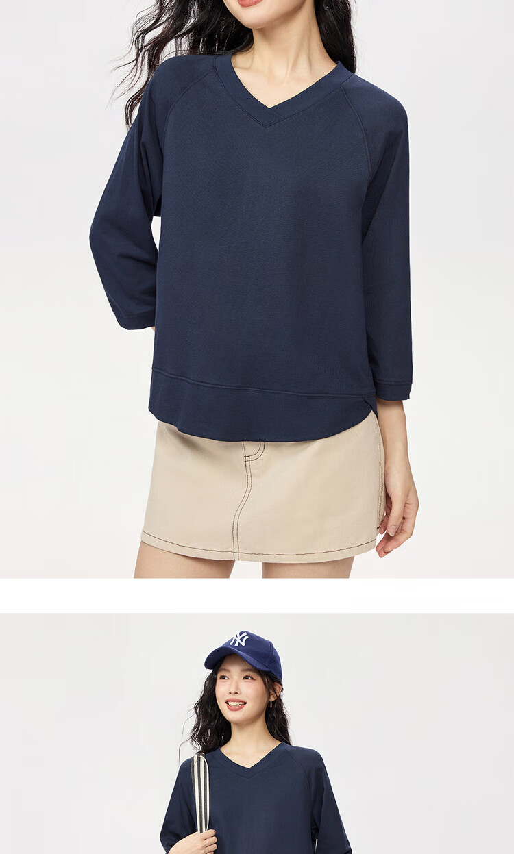 Giordano Women's T-Shirt Autumn New Pure Cotton Solid Color V-Neck Casual Three-Quarter Sleeve Top 05325792 16