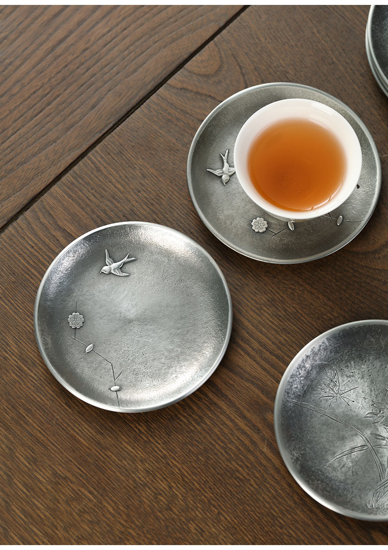 哲明纯锡茶杯垫日式手工复古防滑杯托茶托壶托茶具茶道零配件锡杯托归