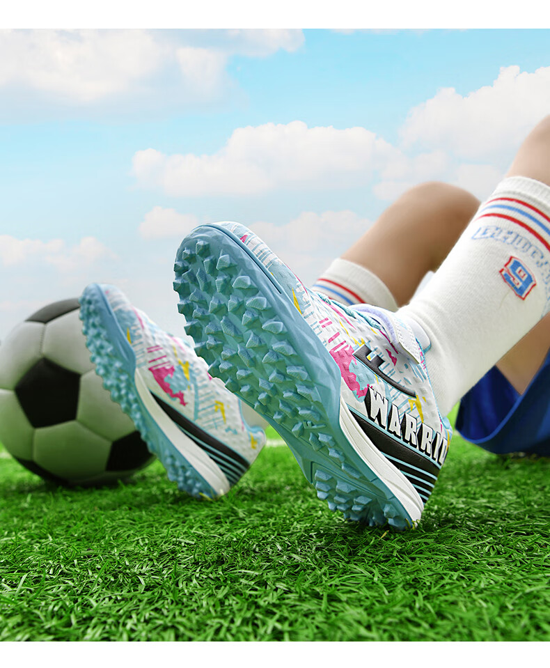 Huili Soccer Cleats with TF Studs, Velcro, No-Tie Design for Men, Women, Children, Students, Campus And Lawn Use, Model 572, Size 29, White And Navy Blue 16