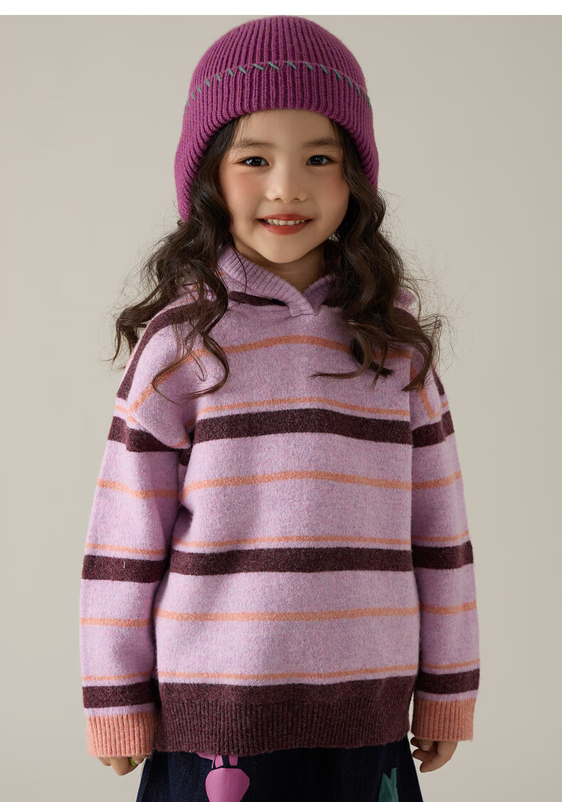 Papapapa Autumn Winter New Children's Sweater Boys and Girls Stylish Striped Hooded Loose Knit Pullover Pink Size 90 8