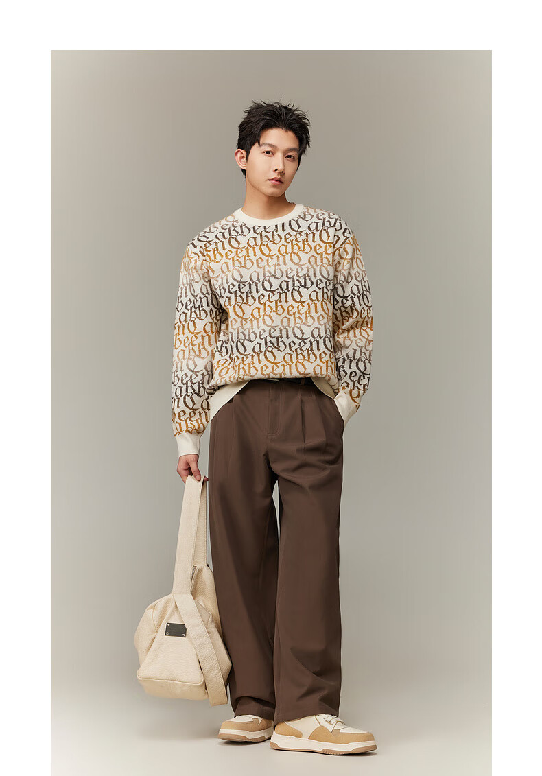 CABBEEN Multi-Yarn Woven Long Sleeve Sweater with CABBEEN Logo Vintage Pattern Winter Colorblock Knitwear 8